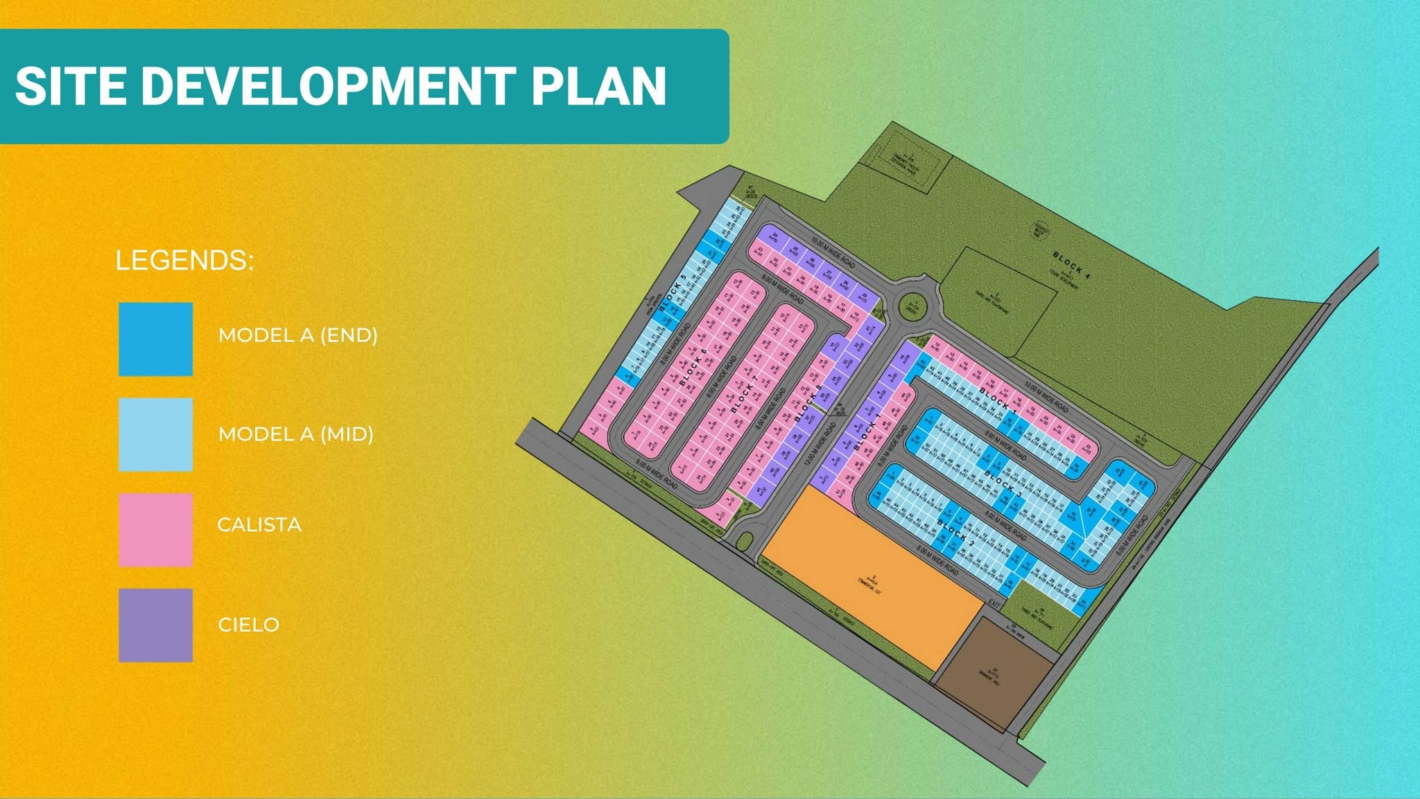 Casa Mira Prime Ormoc site development plan showing Townhouse A, Duplex (Calista), and Single-Detached (Cielo) block layout