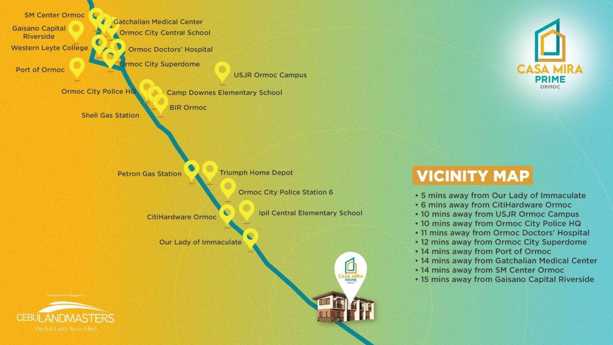 Casa Mira Prime Ormoc vicinity map showing travel times to schools, hospitals, malls, and the Port of Ormoc